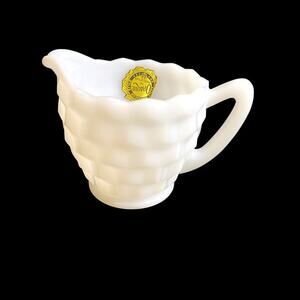 Hazel-Atlas Opaque Milk Glass Creamer with Sticker Starburst Geometric Designw